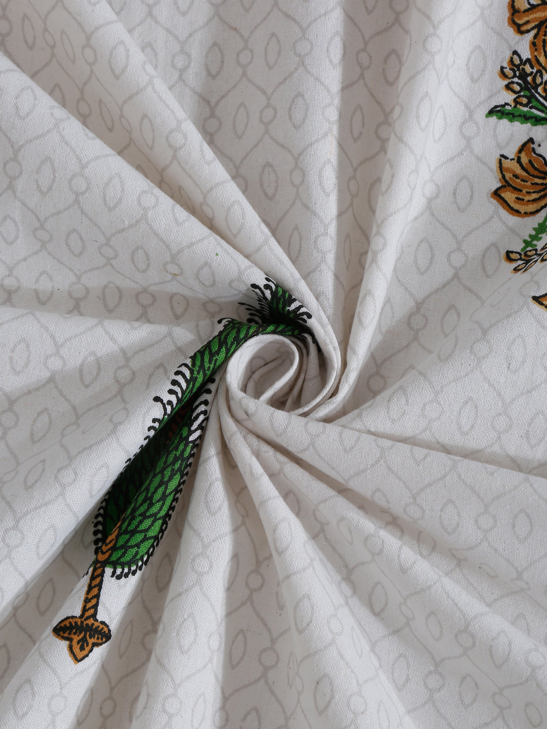 White and Green Ethnic Motif Print 144 TC Cotton Single Bed Sheet with 1 Pillow Cover