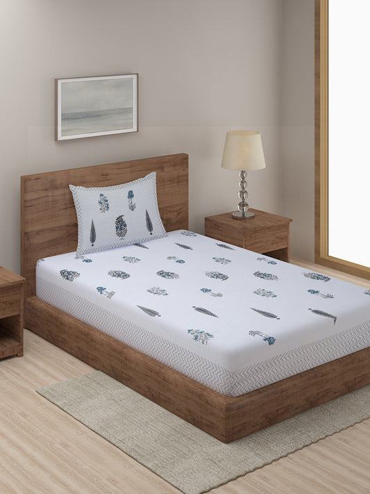 White and Indigo Ethnic Motif Print 144 TC Cotton Single Bed Sheet with 1 Pillow Cover