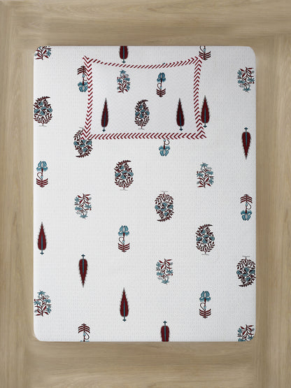 White and Red Ethnic Motif Print 144 TC Cotton Single Bed Sheet with 1 Pillow Cover