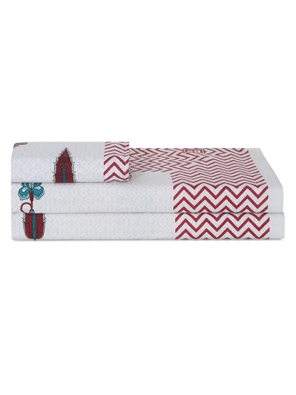 White and Red Ethnic Motif Print 144 TC Cotton Single Bed Sheet with 1 Pillow Cover