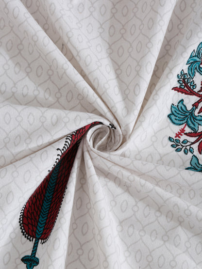 White and Red Ethnic Motif Print 144 TC Cotton Single Bed Sheet with 1 Pillow Cover