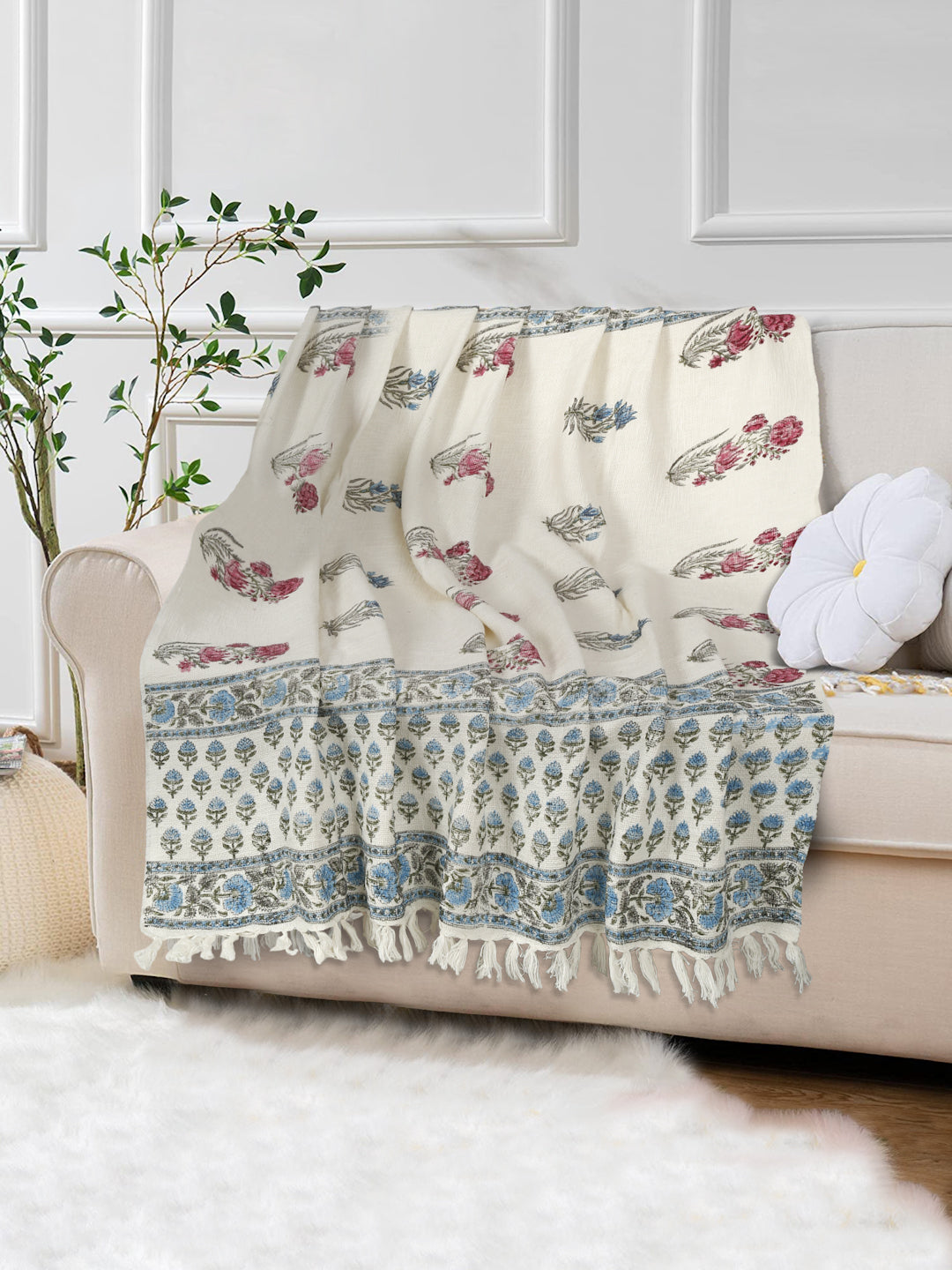 White and Red Floral Printed Cotton Throw