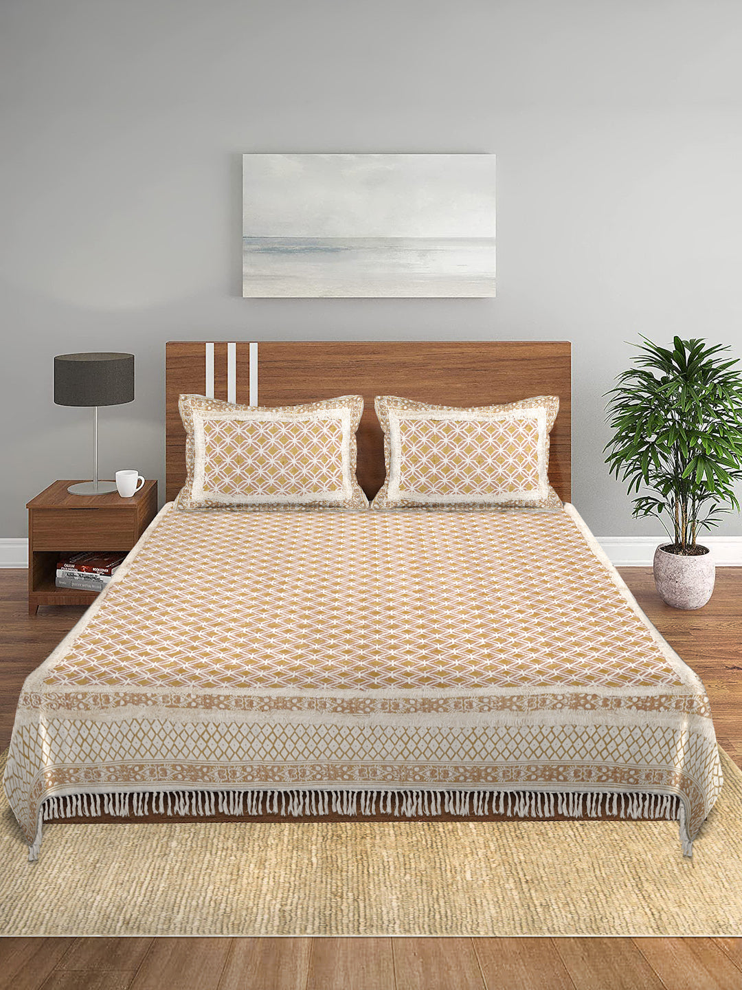 Multi Colour 100% Cotton Hand Block Bed Spread with 2 Pillow Cover