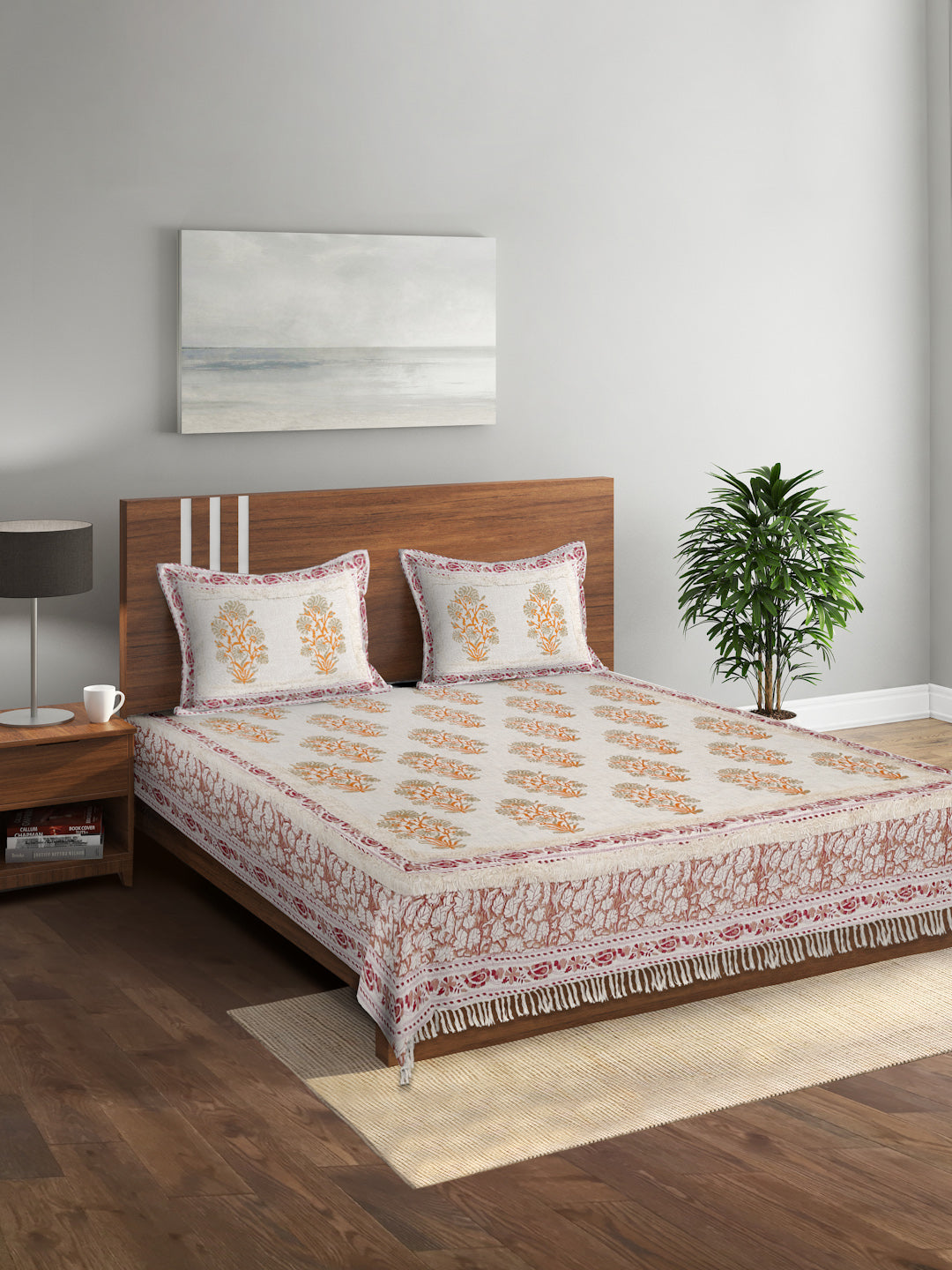 100% Cotton Hand Block  Multi Colour Bed Spread with 2 Pillow Cover