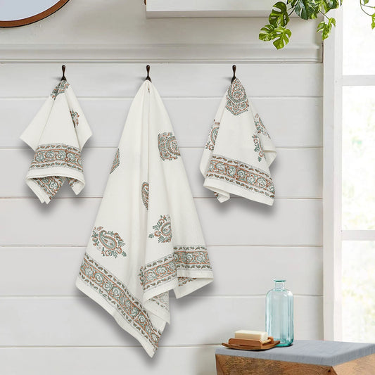 Cream and Green 180 GSM Hand Block Paisley Cotton Towel Set of 3