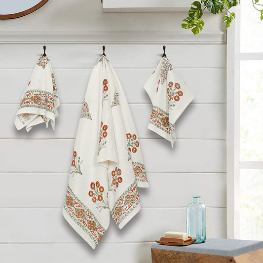 Cream and Orange 180 GSM Hand Block Floral Cotton Towel Set of 3