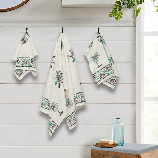 Cream and Turquoise 180 GSM Hand Block Cotton Towel Set of 3