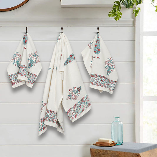 Cream and Aqua 180 GSM Hand Block Ethnic Motiffs Cotton Towel Set of 3