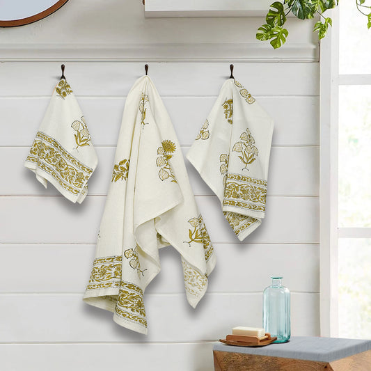 Cream and Olive 180 GSM Hand Block Floral Cotton Towel Set of 3