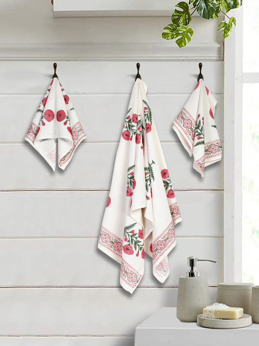 Cream and Pink 180 GSM Hand Block Floral Print Cotton Towel Set of 3