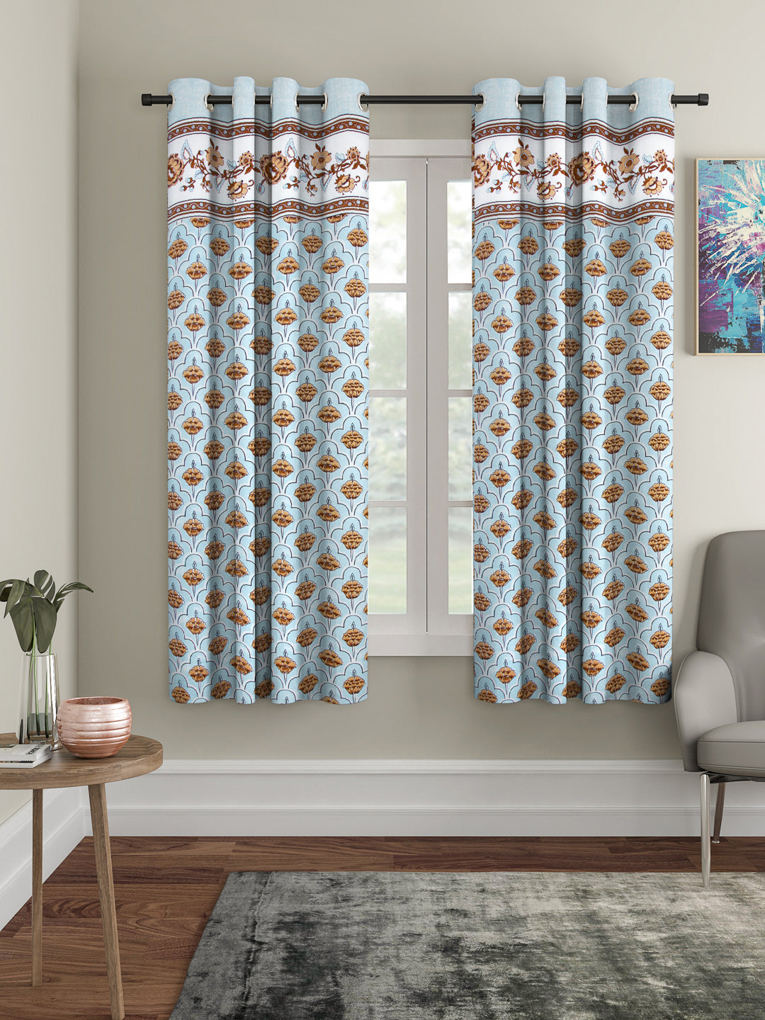 Rajsthan Décor Screen Print Cotton Light Blue Floral Window Curtain Set of 2 (54x62 Inch)