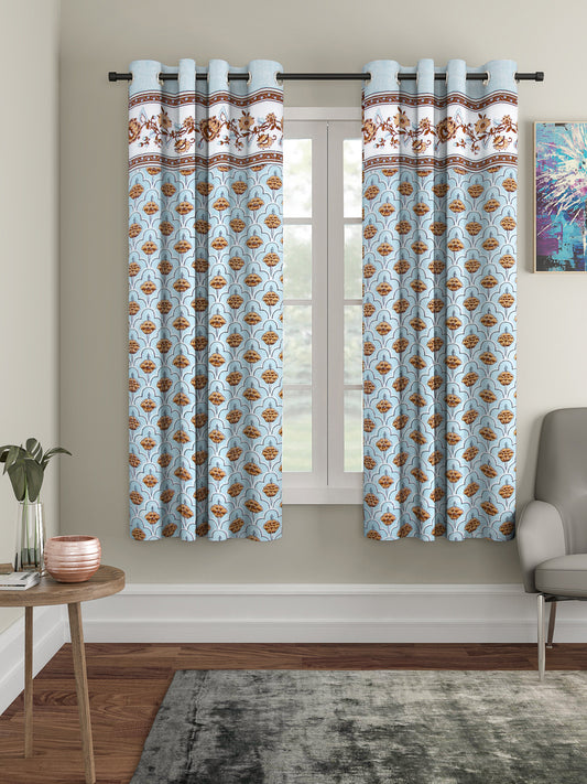 Rajsthan Décor Screen Print Cotton Light Blue Floral Window Curtain Set of 2 (54x62 Inch)