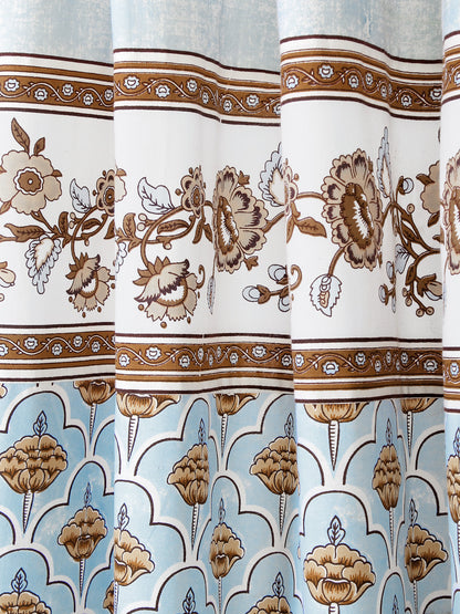 Rajsthan Décor Screen Print Cotton Light Blue Floral Window Curtain Set of 2 (54x62 Inch)