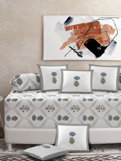 Set of 8 White Floral Print Cotton Diwan Set