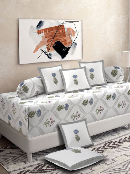 Set of 8 White Floral Print Cotton Diwan Set