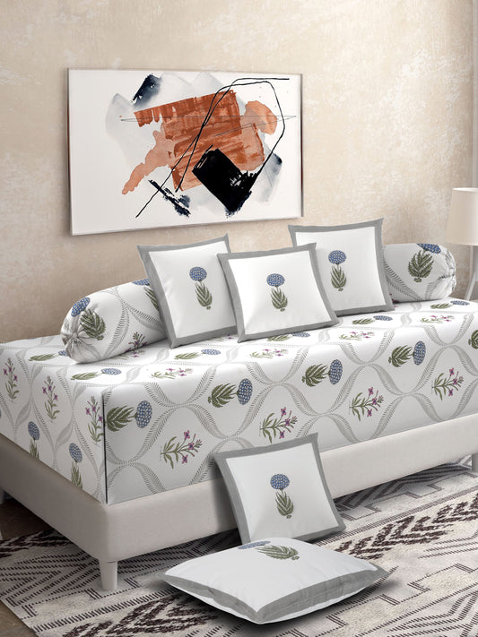 Set of 8 White Floral Print Cotton Diwan Set