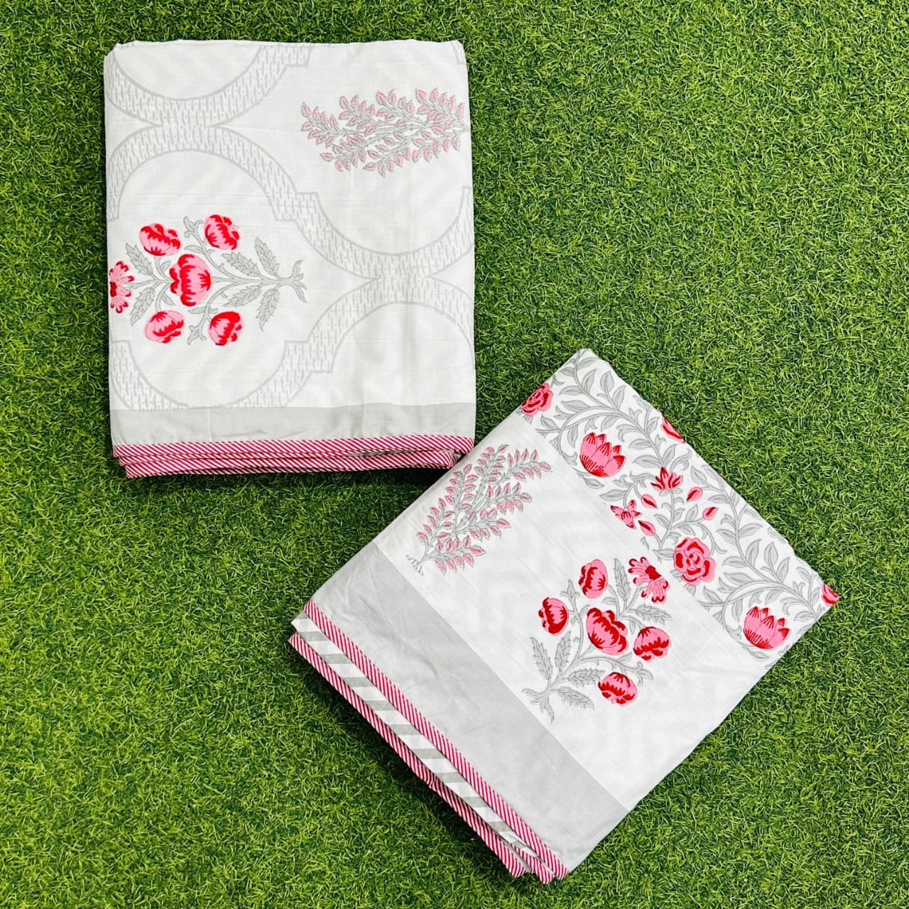 Rajasthan Decor White and Pink  Floral Print Reversible Jaipuri Single Bed Dohar Set Of 2
