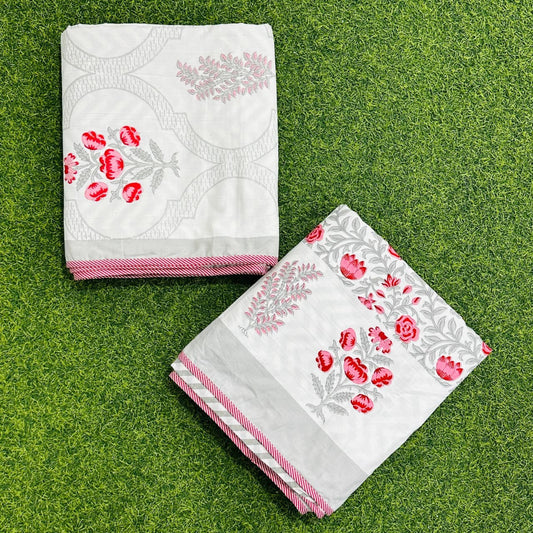 Rajasthan Decor White and Pink  Floral Print Reversible Jaipuri Single Bed Dohar Set Of 2