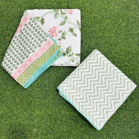 Rajasthan Decor White and Green  Floral Print Reversible Jaipuri Single Bed Dohar Set Of 2