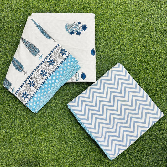 Rajasthan Decor White and Blue Floral Print Reversible Jaipuri Single Bed Dohar Set Of 2