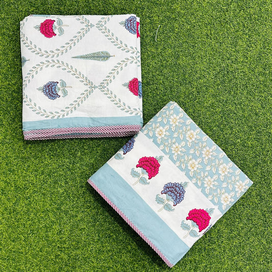 Rajasthan Decor White and Blue Floral Print Reversible Jaipuri Single Bed Dohar Set Of 2