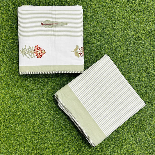 Rajasthan Decor White and Green  Floral Print Reversible Jaipuri Single Bed Dohar Set Of 2
