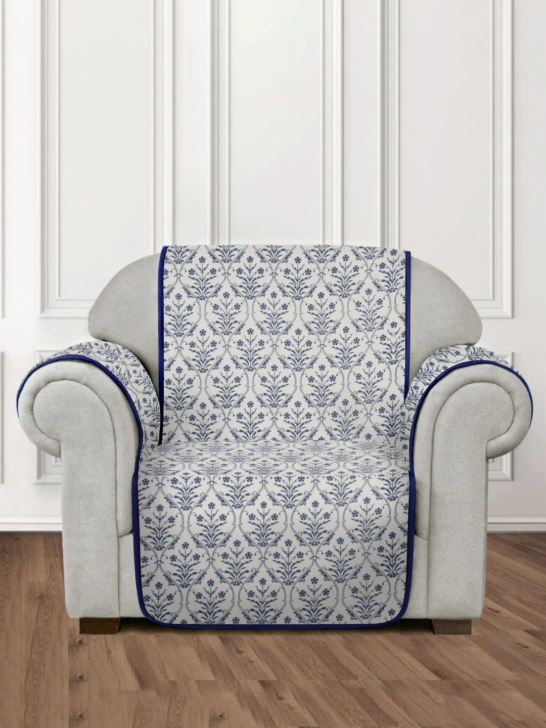 Rajasthan Decor White and Blue Quilted Printed Cotton 1 Seater Sofa Cover
