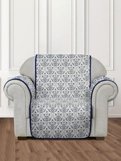 Rajasthan Decor White and Blue Quilted Printed Cotton 1 Seater Sofa Cover