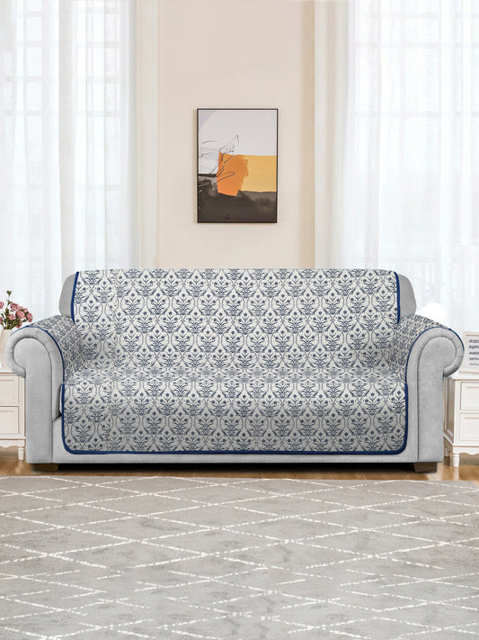 Rajasthan Decor  White and Blue Quilted Printed Cotton 2 Seater Sofa Cover