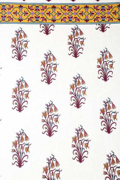 White and Yellow Pure Cotton Floral Print Door Curtain - Set of 2 (47x85 Inch)