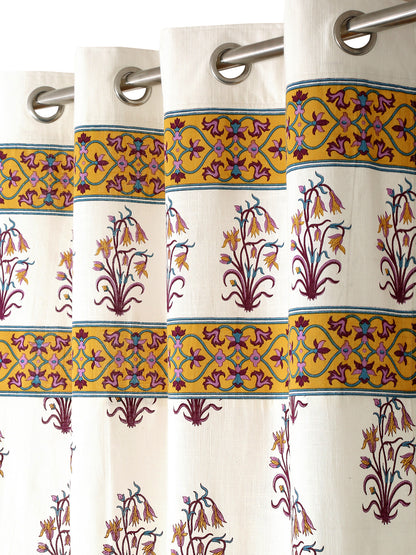 White and Yellow Pure Cotton Floral Print Door Curtain - Set of 2 (47x85 Inch)