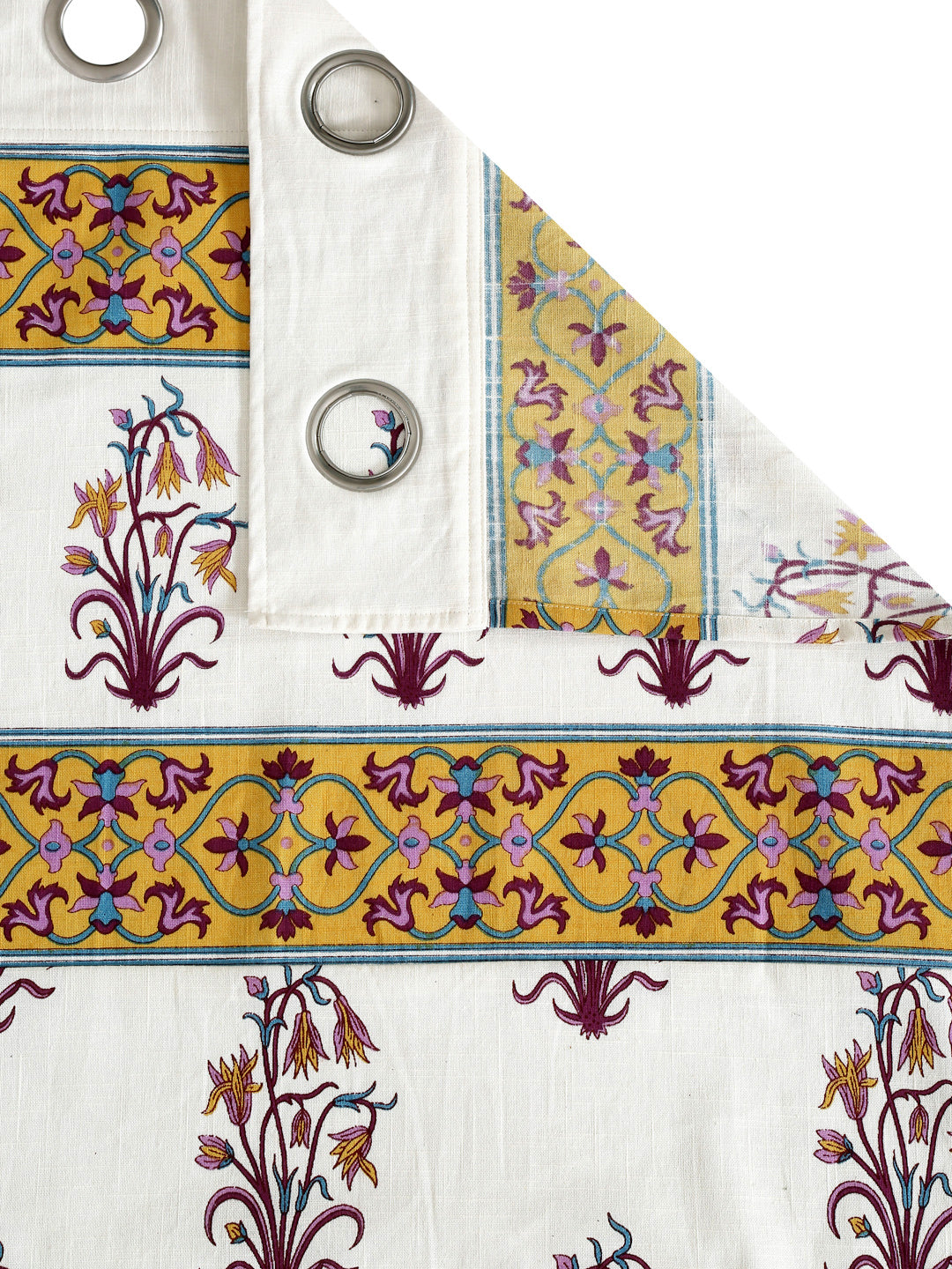 White and Yellow Pure Cotton Floral Print Door Curtain - Set of 2 (47x85 Inch)