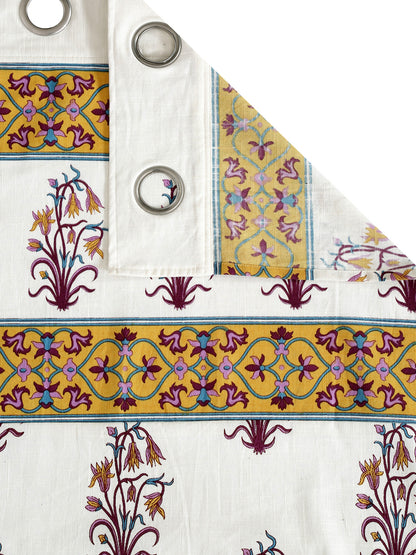 White and Yellow Pure Cotton Floral Print Door Curtain - Set of 2 (47x85 Inch)