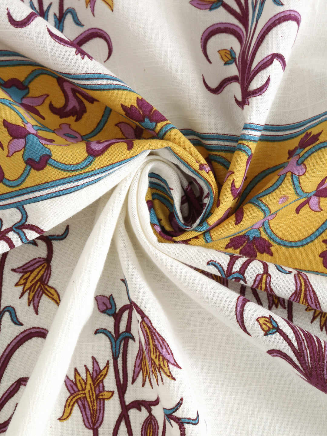 White and Yellow Pure Cotton Floral Print Door Curtain - Set of 2 (47x85 Inch)