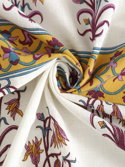 White and Yellow Pure Cotton Floral Print Door Curtain - Set of 2 (47x85 Inch)