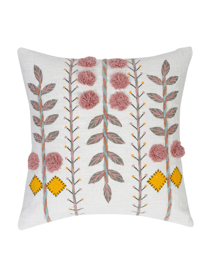 Set of 2 White & Pink Cotton Embroidered Square Cushion Covers