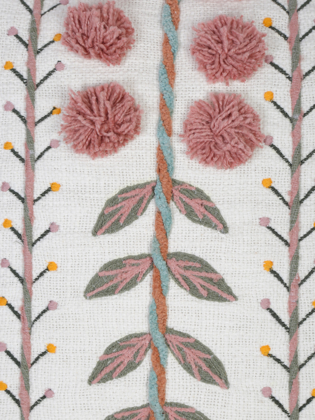 Set of 2 White & Pink Cotton Embroidered Square Cushion Covers