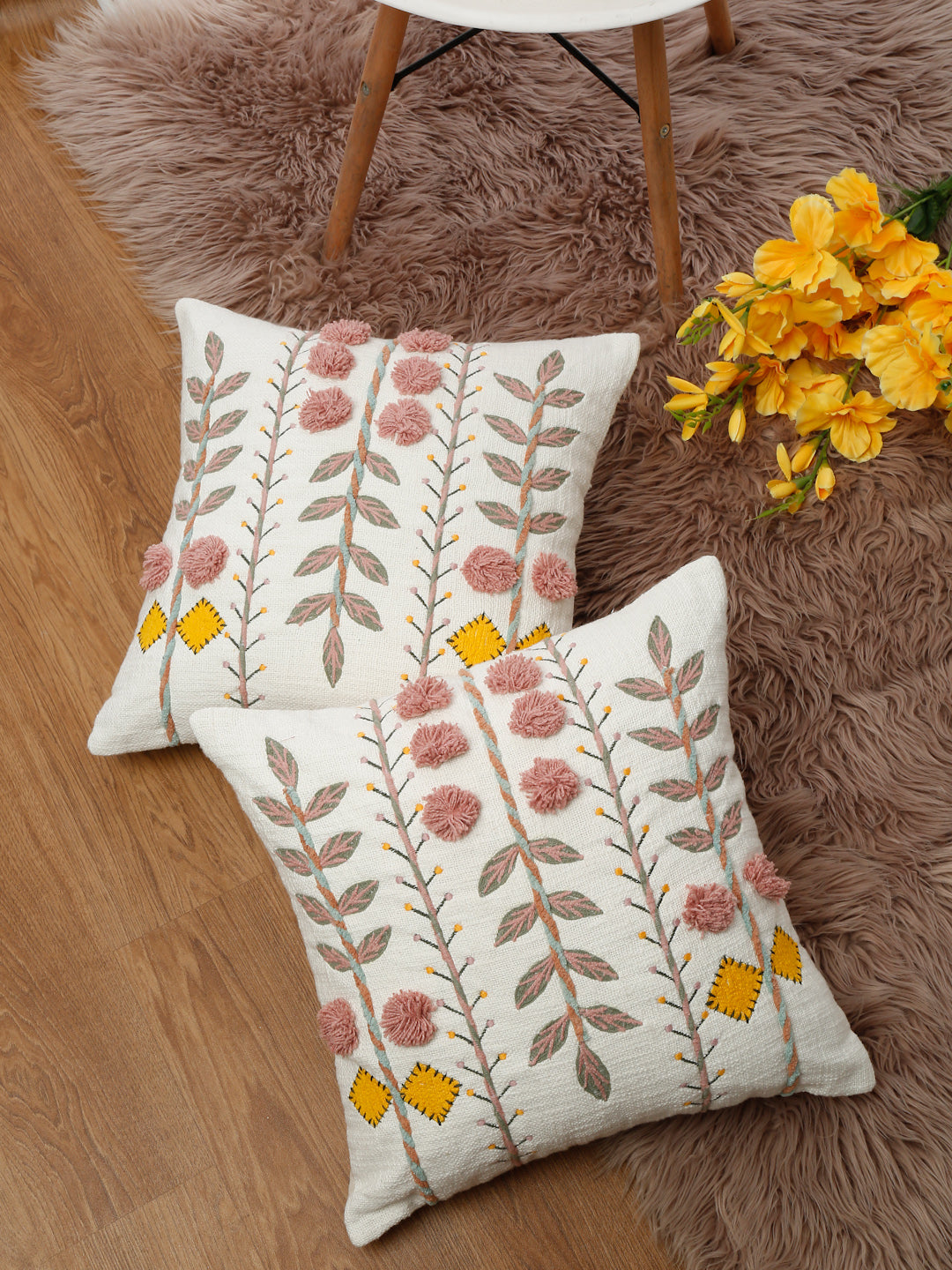 Set of 2 White & Pink Cotton Embroidered Square Cushion Covers