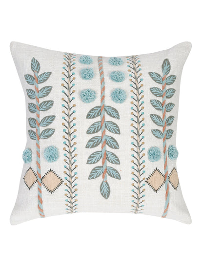 Set of 2 White & Aqua Cotton Embroidered Square Cushion Covers