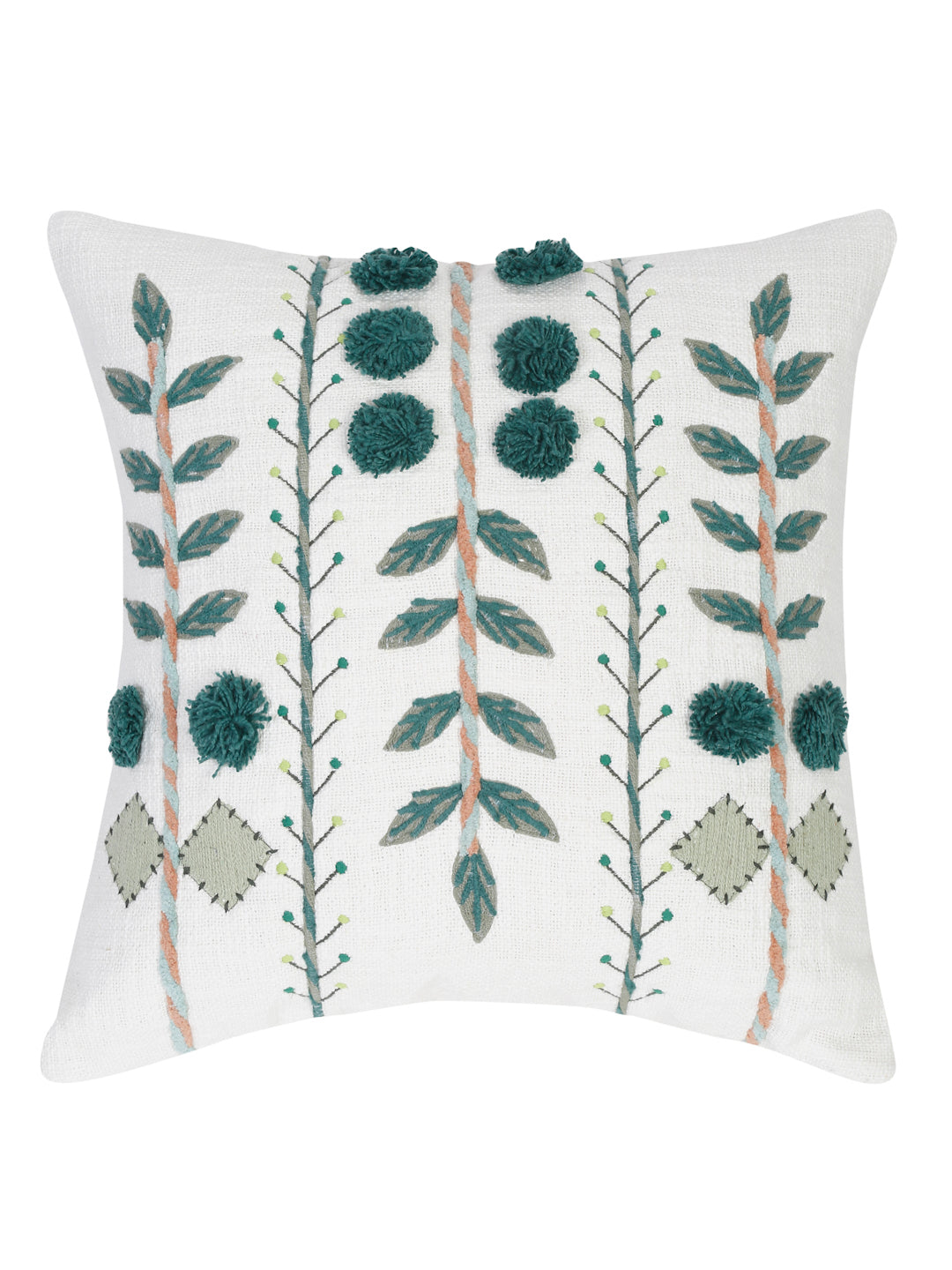 Set of 2 White & Green Cotton Embroidered Square Cushion Covers
