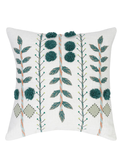 Set of 2 White & Green Cotton Embroidered Square Cushion Covers