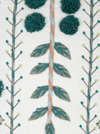 Set of 2 White & Green Cotton Embroidered Square Cushion Covers