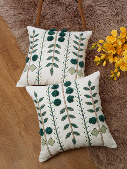 Set of 2 White & Green Cotton Embroidered Square Cushion Covers