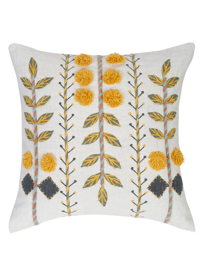 Set of 2 White & Yellow Cotton Embroidered Square Cushion Covers