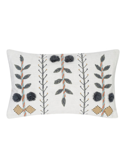 Set of 2 White & Grey Cotton Embroidered Square Cushion Covers