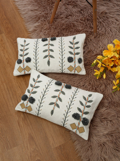 Set of 2 White & Grey Cotton Embroidered Square Cushion Covers