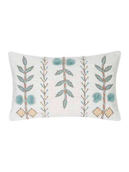 Set of 2 White & Aqua Cotton Embroidered Square Cushion Covers