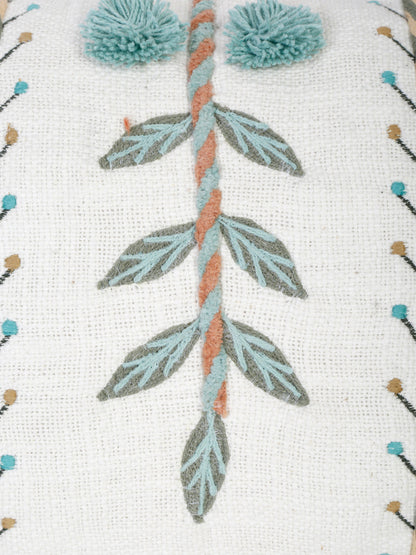 Set of 2 White & Aqua Cotton Embroidered Square Cushion Covers