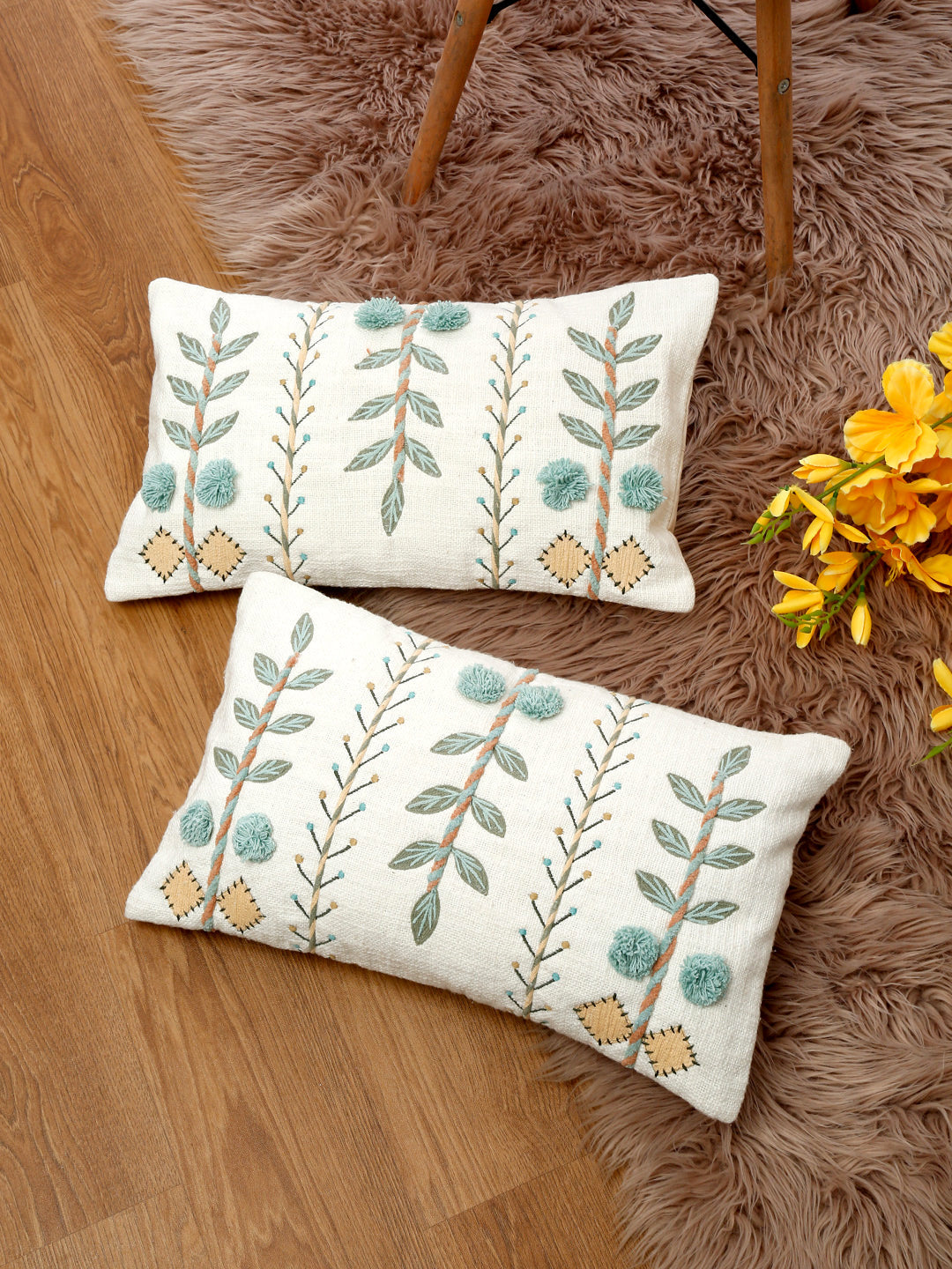 Set of 2 White & Aqua Cotton Embroidered Square Cushion Covers