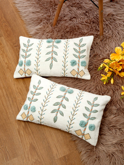 Set of 2 White & Aqua Cotton Embroidered Square Cushion Covers